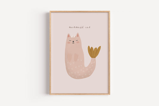 Mermaid Cat Wall Art – Whimsical Pink Cat Print for Girls' Rooms & Nurseries