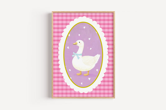 Sweet Duck with Bow Art Print – Pink Gingham Nursery Wall Decor for Girls