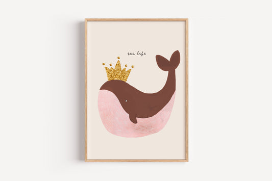 Crowned Whale Wall Art – Glitter Crown Ocean Print for Kids' Rooms & Nurseries