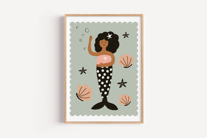 Cute Mermaid Wall Art Printable – Modern Girl Mermaid for Nursery or Playroom