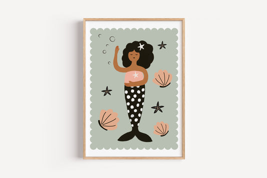 Cute Mermaid Wall Art Printable – Modern Girl Mermaid for Nursery or Playroom